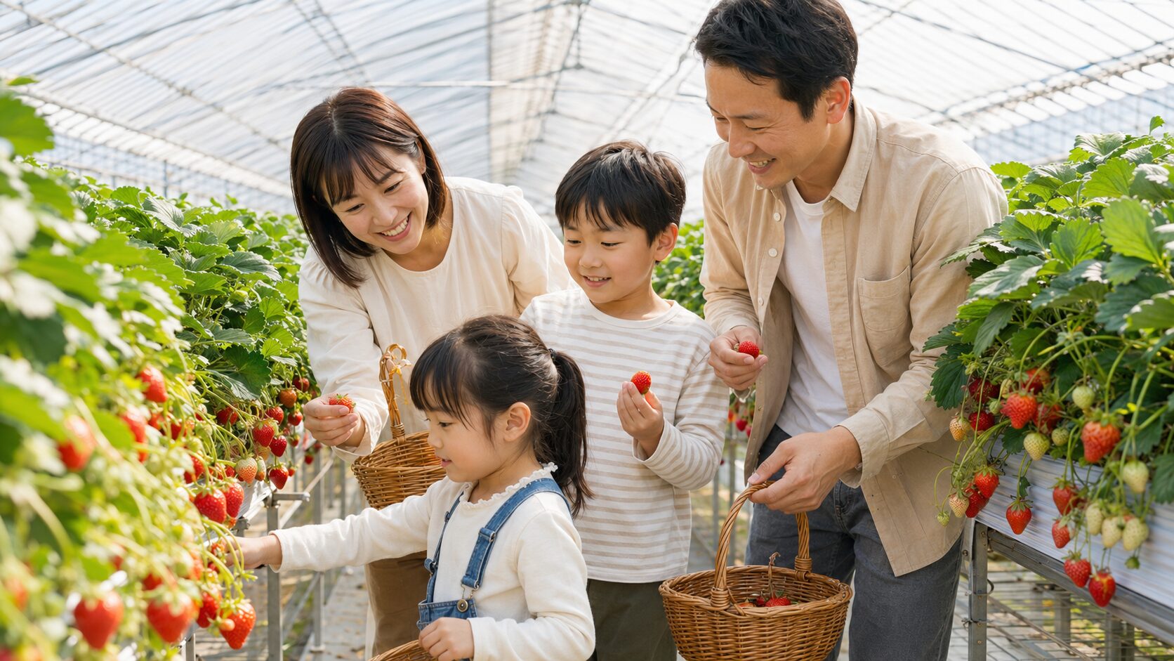 ビニールハウスでいちご狩りを楽しむ家族のイメージ